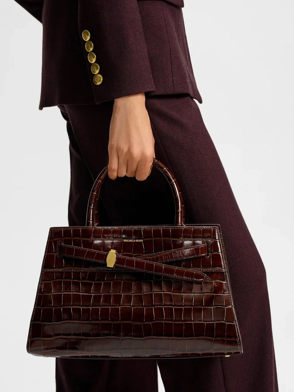 Veronica Beard Dash Bag Croc-Embossed Leather  Structured Top-Handle Chestnut